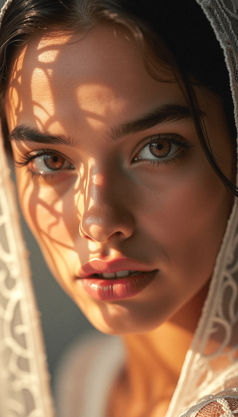 AI generated: A close-up portrait of a woman with golden-brown eyes, partially covered by a lace veil, with sunlig...