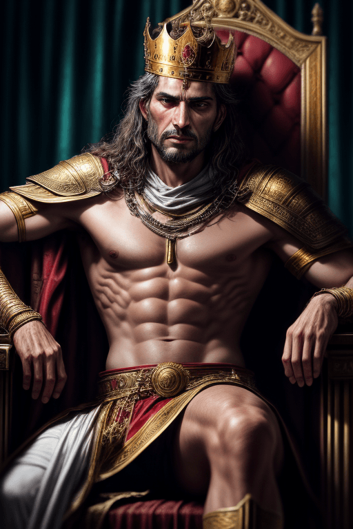 AI generated: close up of depicting king Tarquinuis Superbus of Romans, sitting on a throne, gold crown, an arroga...