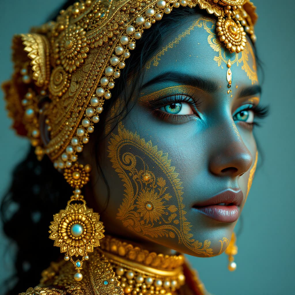 AI generated: 3d image of a indian woman, in the style of bapu, gold and cyan, photorealistic detail, dark fairy t...