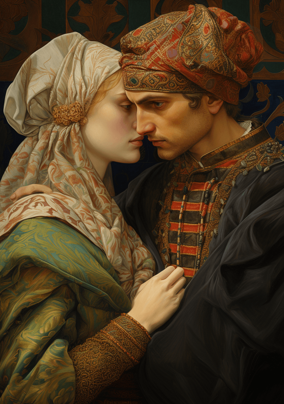 AI generated: an imaginary picture of a couple being confronted, realist detail, Romeo an Juliet, samson pollem, m...