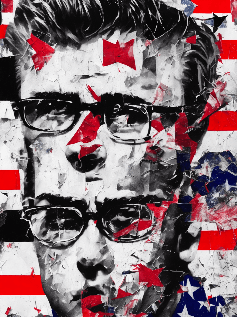 AI generated: Ultra detailed medium portrait painting, James Dean, torn up american flag background, punk visual a...