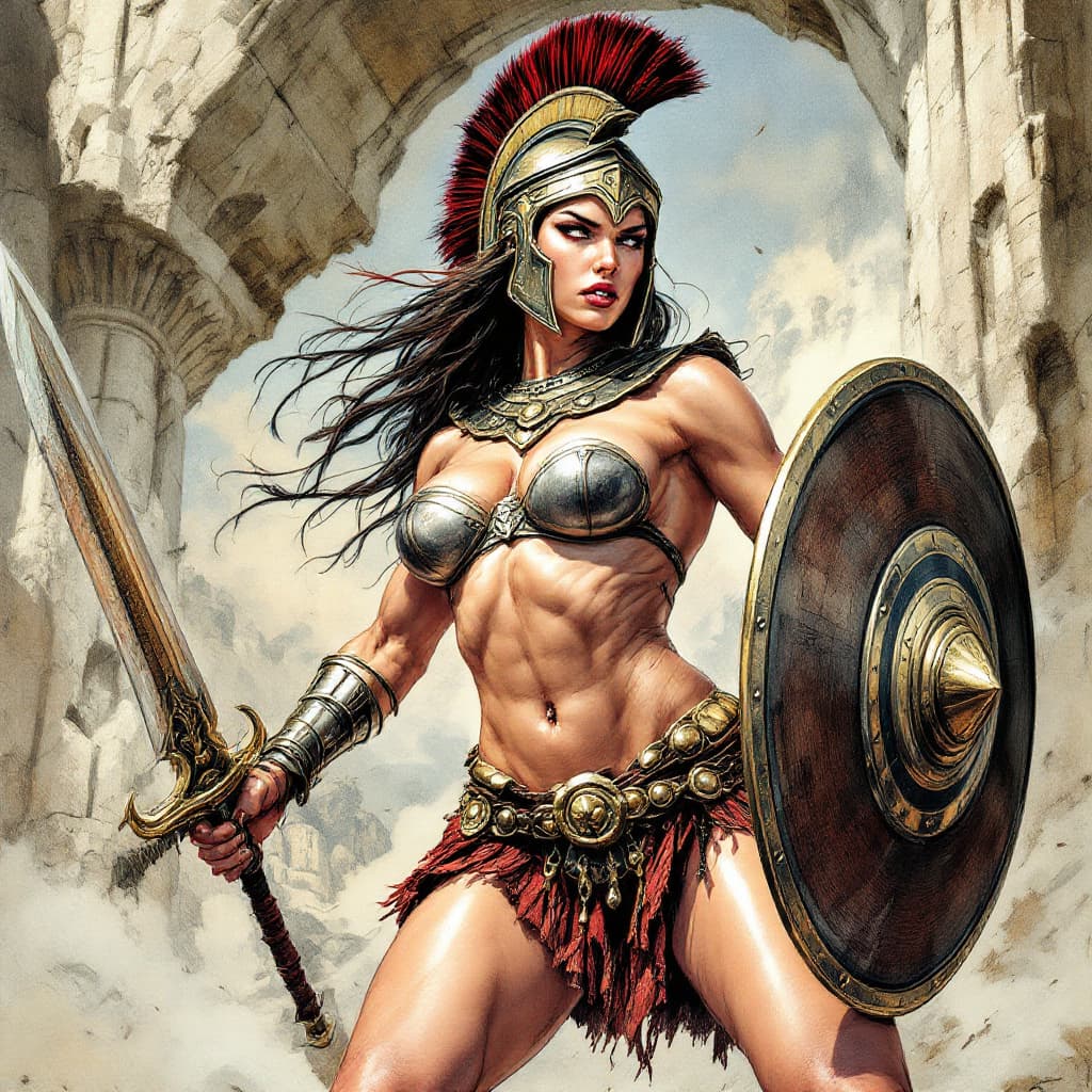 AI generated: Comic book realistic illustration, full body shot of a young gorgeous Spartan woman with thick aesth...