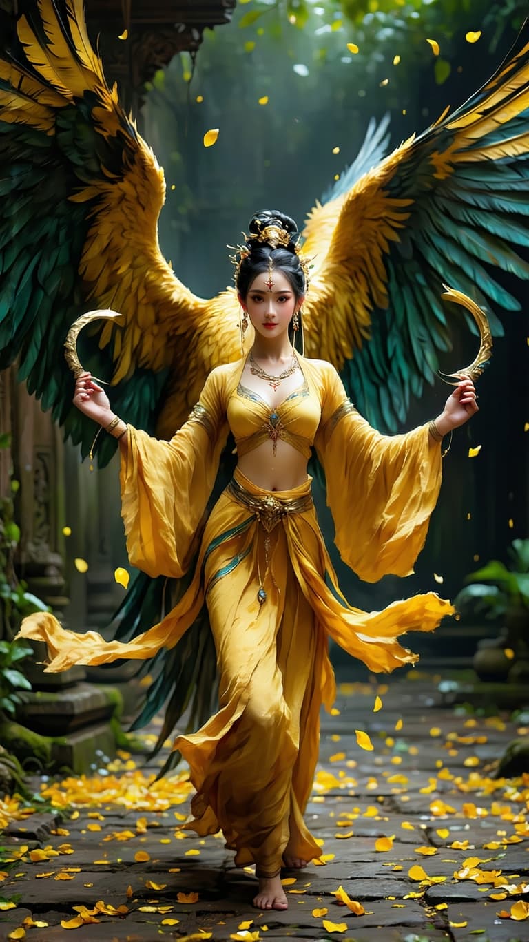 AI generated: An ultra-realistic, wide angle, front facing, full-body portrait of a mesmerizing Dancer in golden t...