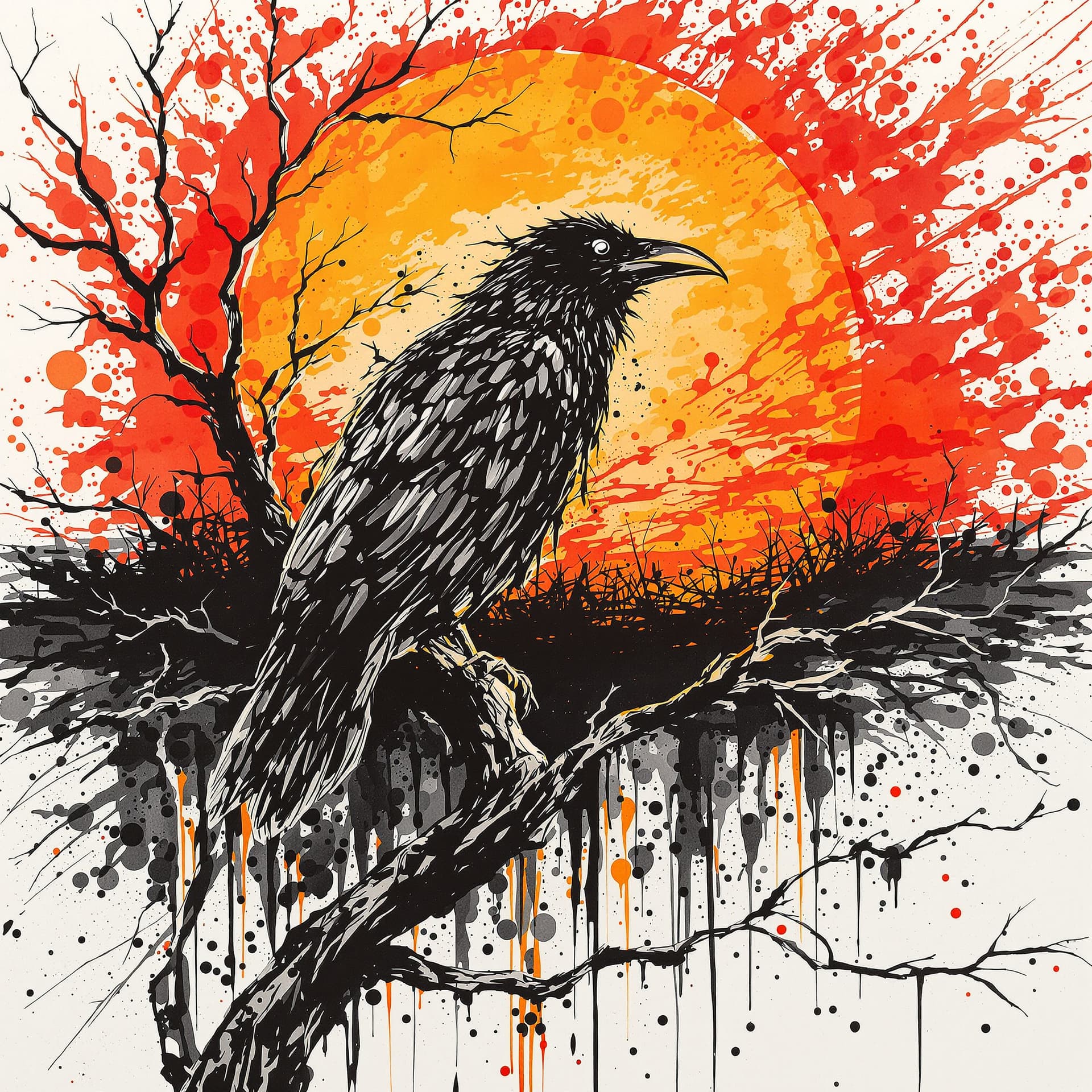 AI generated: A crow perched on twisted branches, its feathers bleeding into chaotic ink brushstrokes that smear a...