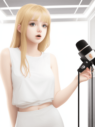 AI generated: beautiful girl with karaoke, white golden background, random rooms and background.