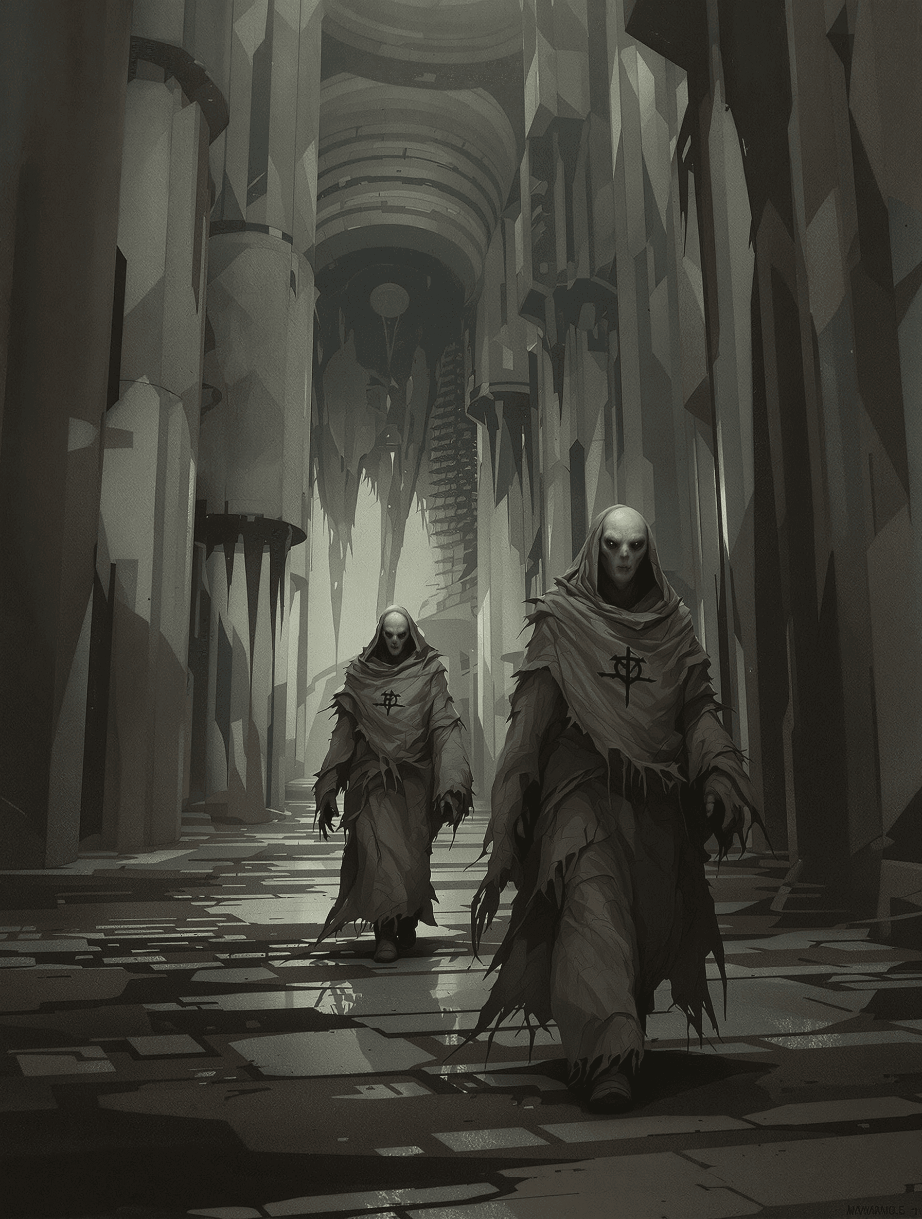 AI generated: /Artprompt Sci-fi, create a dystopian futuristic scene depicting two (strange beings:1.5) resembling...