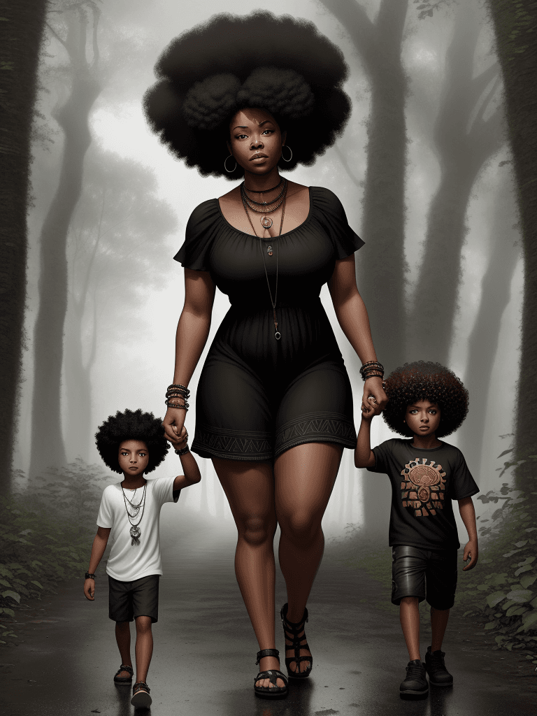 AI generated: black woman and son, walking in the forest,curly  afros, woman in sundress, child in shorts, america...