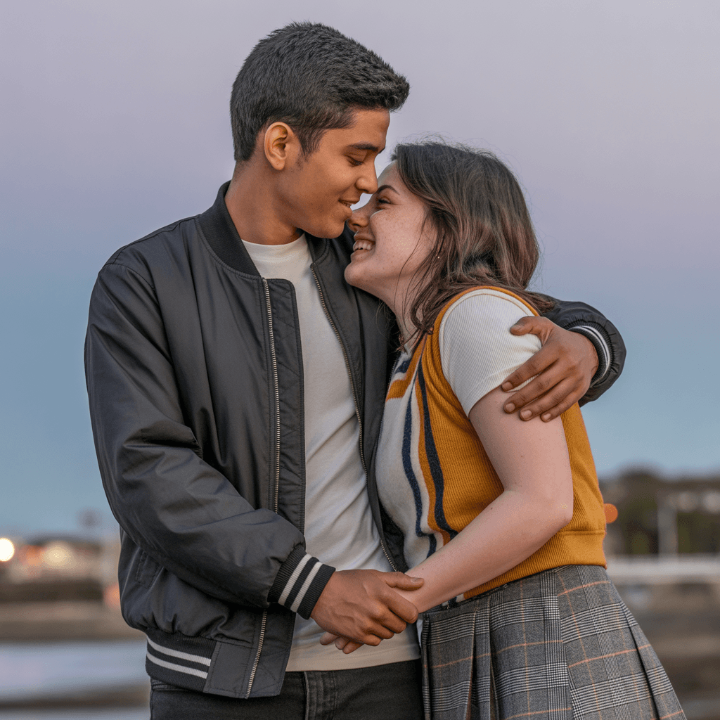 AI generated: Two young adults,  likely late teens or early twenties,  of mixed ethnicity, are embracing outdoors ...
