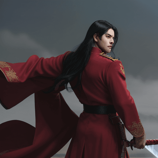 AI generated: dashing man wearing war clothes, wearing a red robe that touches the ground, his eyes are sharp but ...