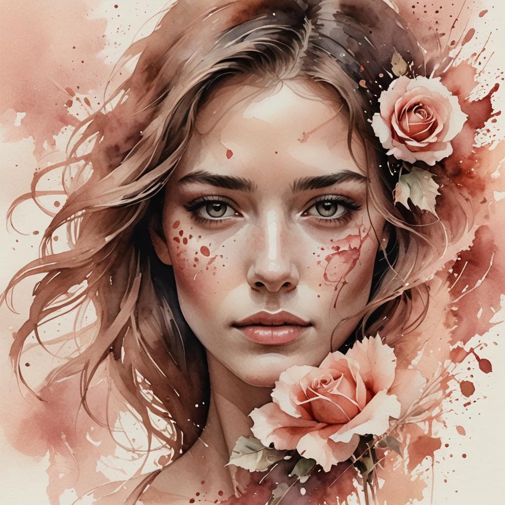 AI generated: Create a digital watercolor-style portrait of a woman's half face in a soft rose hue, with her featu...