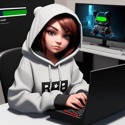 AI generated: roblox girl character gaming, oversized hoody, on computer



