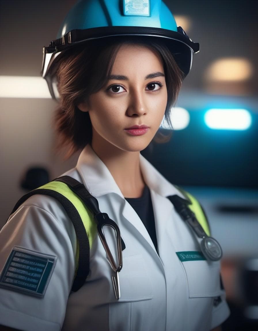 AI generated: female dressed as paramedic, gorgeous, flirting, attractive, ambulance in background, (((full body v...