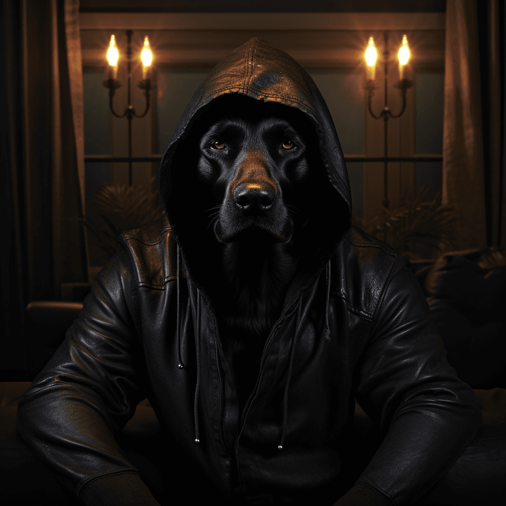 AI generated: black labrador, anthropomorphic, detailed, realistic, photorealistic, wearing elaborate black overco...