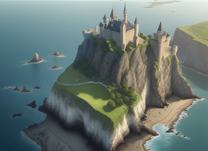 AI generated: ((A R T)) word, (Bird’s-eye view), castle, pasture landscape, sea, cliffs, mix background, setting t...