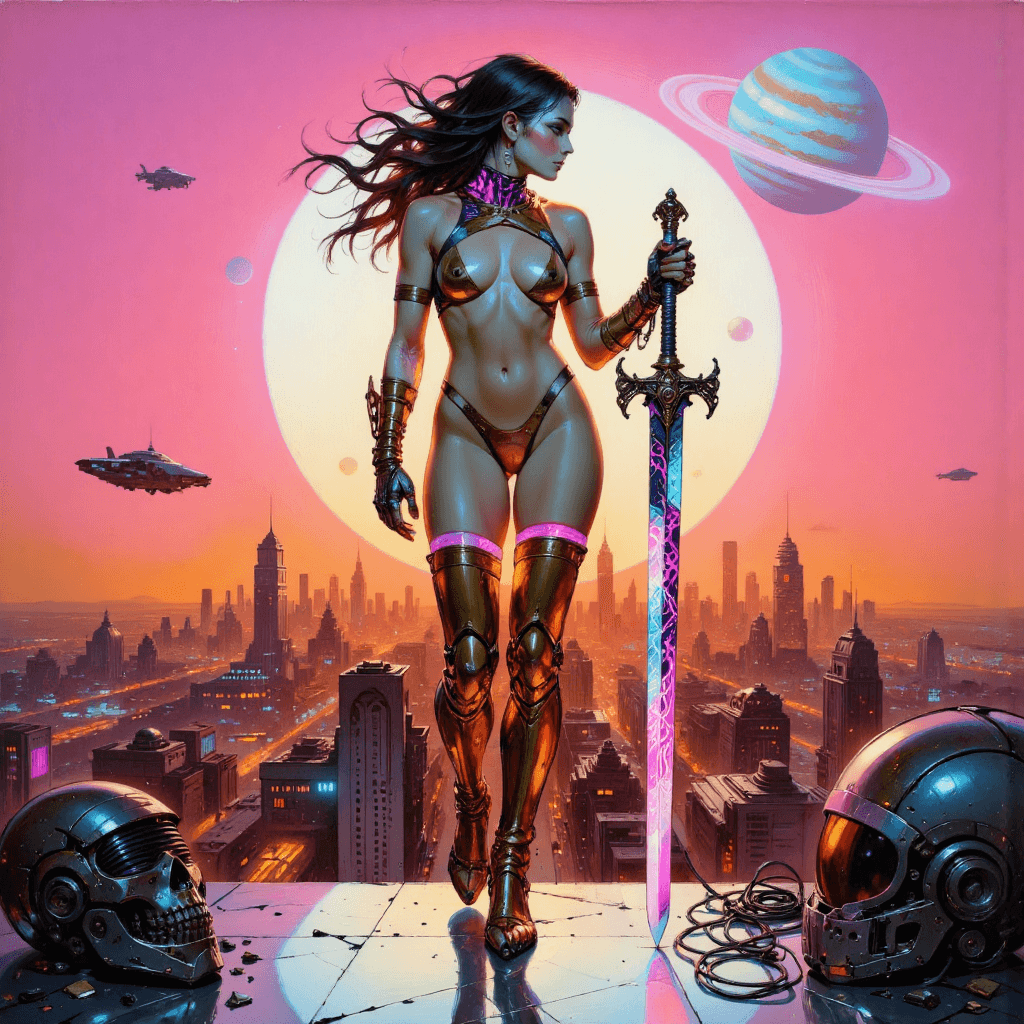 AI generated: A powerful and sensual female warrior (1.8) stands tall on a chrome-plated platform overlooking a sp...