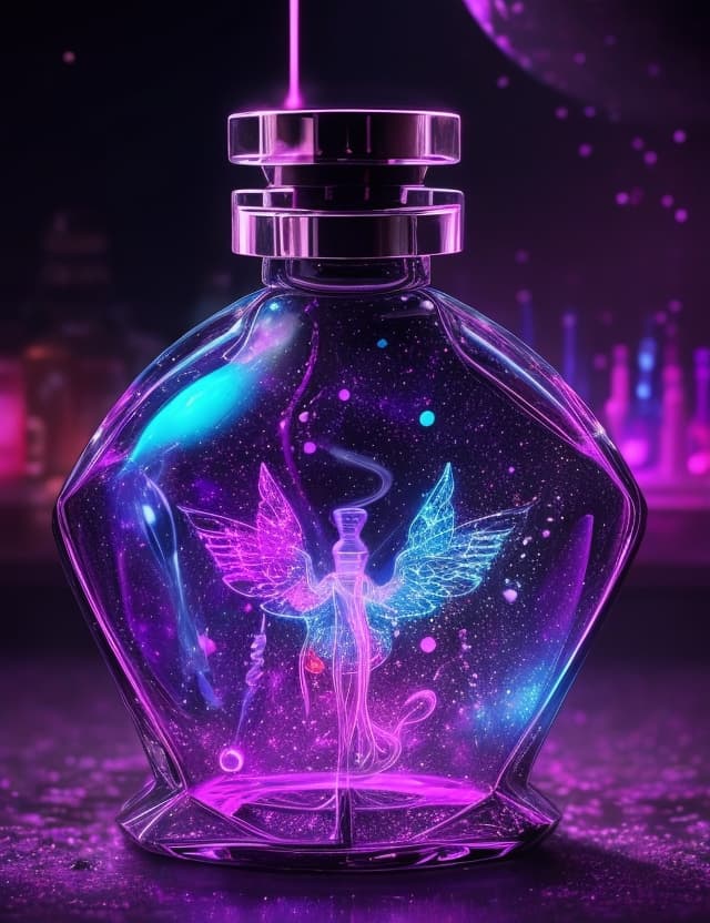 AI generated: a perfume magic fashion spirit bottle , fantacy art , neon lighting , in lab of galaxy .