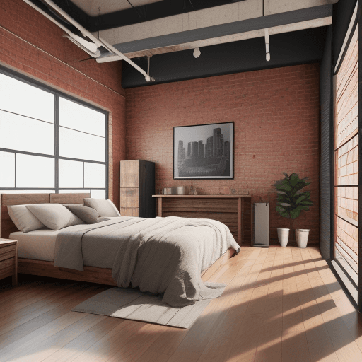 AI generated: interior design drafted, warehouse style bedroom, 8k architecture render, cozy style, wooden floor -...