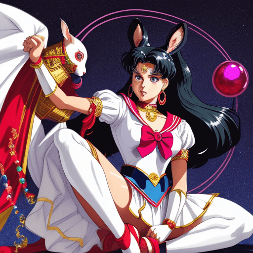 AI generated: Sailor Moon as an Aztec warrior princess, covered in rubies and emeralds, wearing a white blouse wit...