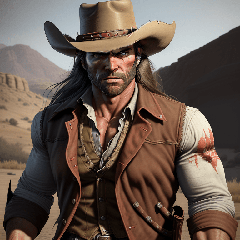 AI generated: western style red-dead redemtion  gunslinger, muscular, aggressive pose portrait, insanely detailed,...