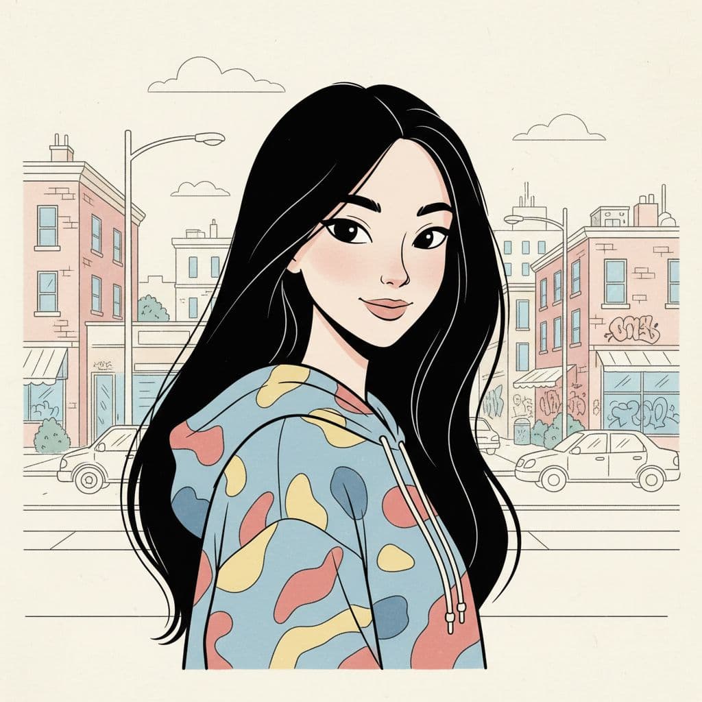 AI generated: A hand-drawn illustration of a woman with long black hair, cartoon feel, urban street scene outside,...