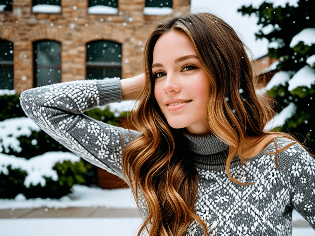 AI generated: Full Body, photograph of, a happy woman smiling, long brunette hair with blonde highlights enjoying ...