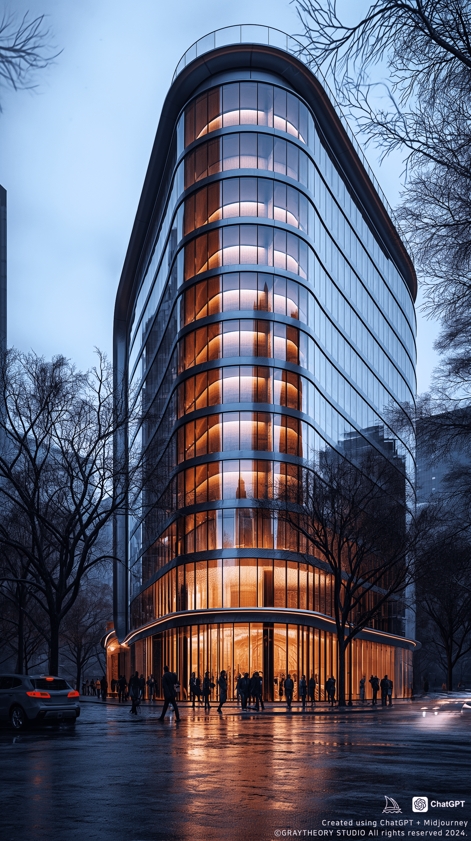 AI generated: photorealistic, canon EOS 5d, minimalistic medium scale office building, curved, geometric shaped ou...