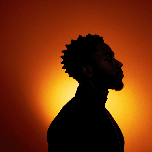 AI generated: photography, portrait of contrast, profile silhouette of a black man, vibrant orange backdrop, visua...