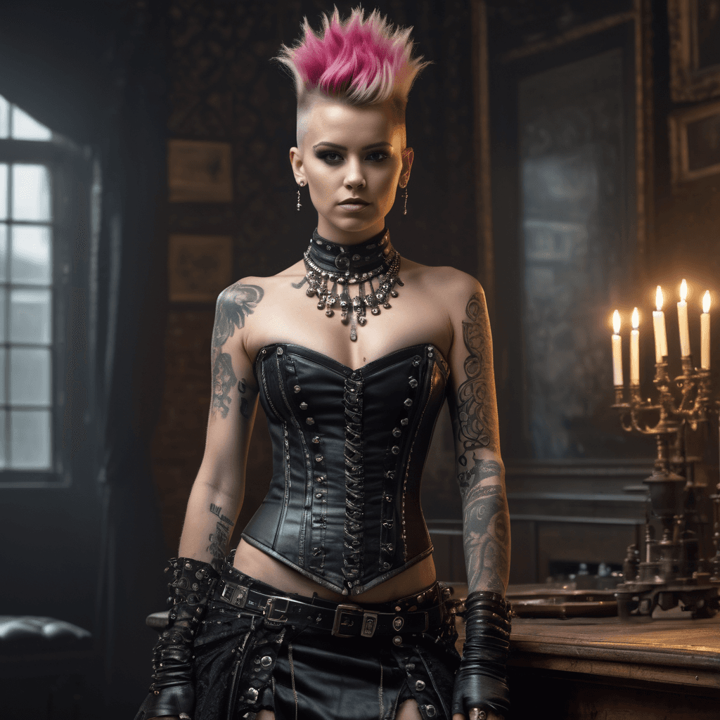 AI generated: victorian punkgirl, full body portrait, victorian dress, mohawk haircut, piersing, nipples piersing,...