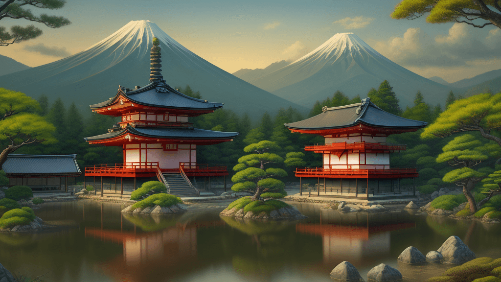 AI generated: an oil painting of a Japanese temple in a landscape, 16K, UHD, HDR,(Masterpiece, best quality:1.5)