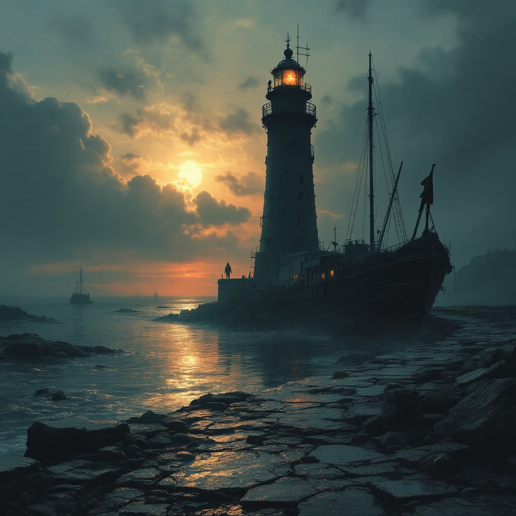 AI generated: old harbour with lighthouse dungeon synth dark atmospheric melancholic before the sunset 
next to li...
