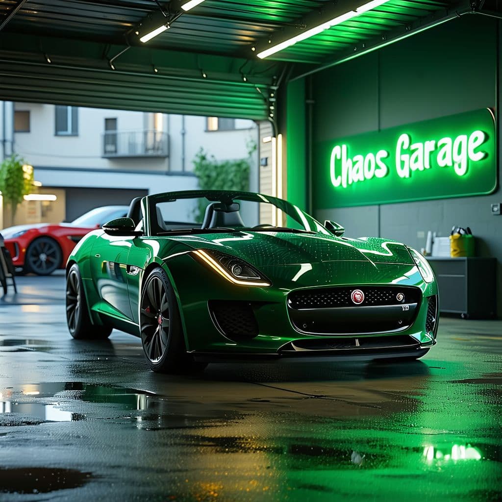 AI generated: General outline of a latest model dark British racing green jaguar ftype convertible, with glowing h...