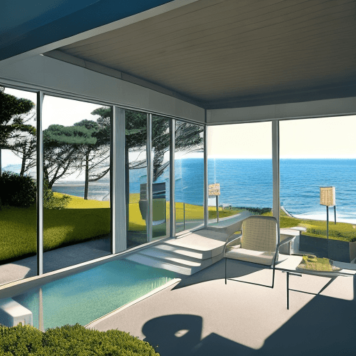 AI generated: Hyper realistic eye level exterior photo of a mid century modern style house overlooking the ocean, ...