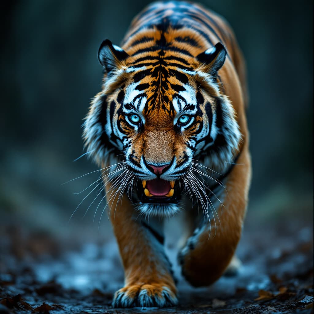 AI generated:  saber-toothed tiger
The image captures an intense close-up of a  saber-toothed tiger walking toward...