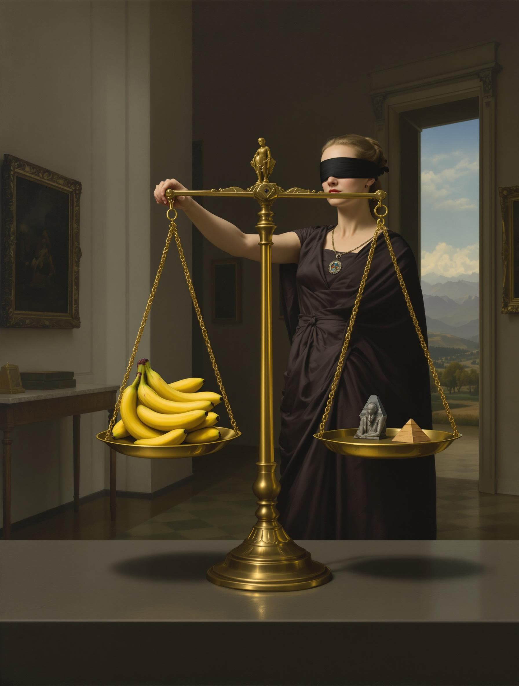 AI generated: A painting in the collaborative style of Joos de Momper and Pieter Jans Saenredam. Lady Justice stan...