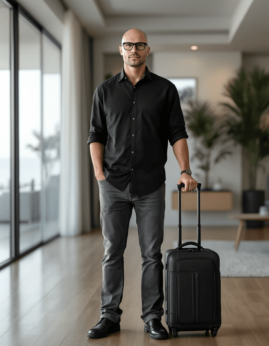 AI generated: Hyper-Realistic full body photo, handsome Caucasian bald man, clean face, clean shaved face, rounded...