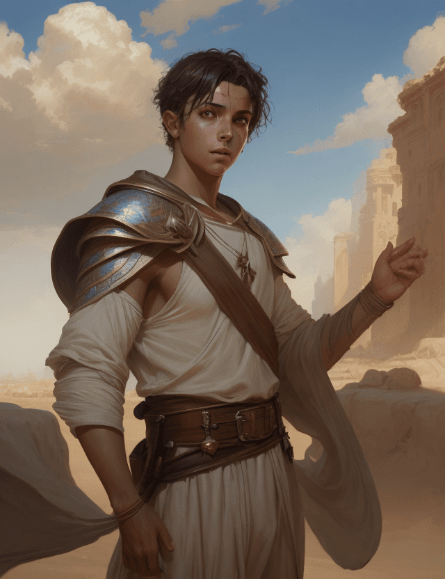 AI generated: young male cleric under the sun with curious face, by Greg Rutkowski, oil painting, heavy strokes, h...