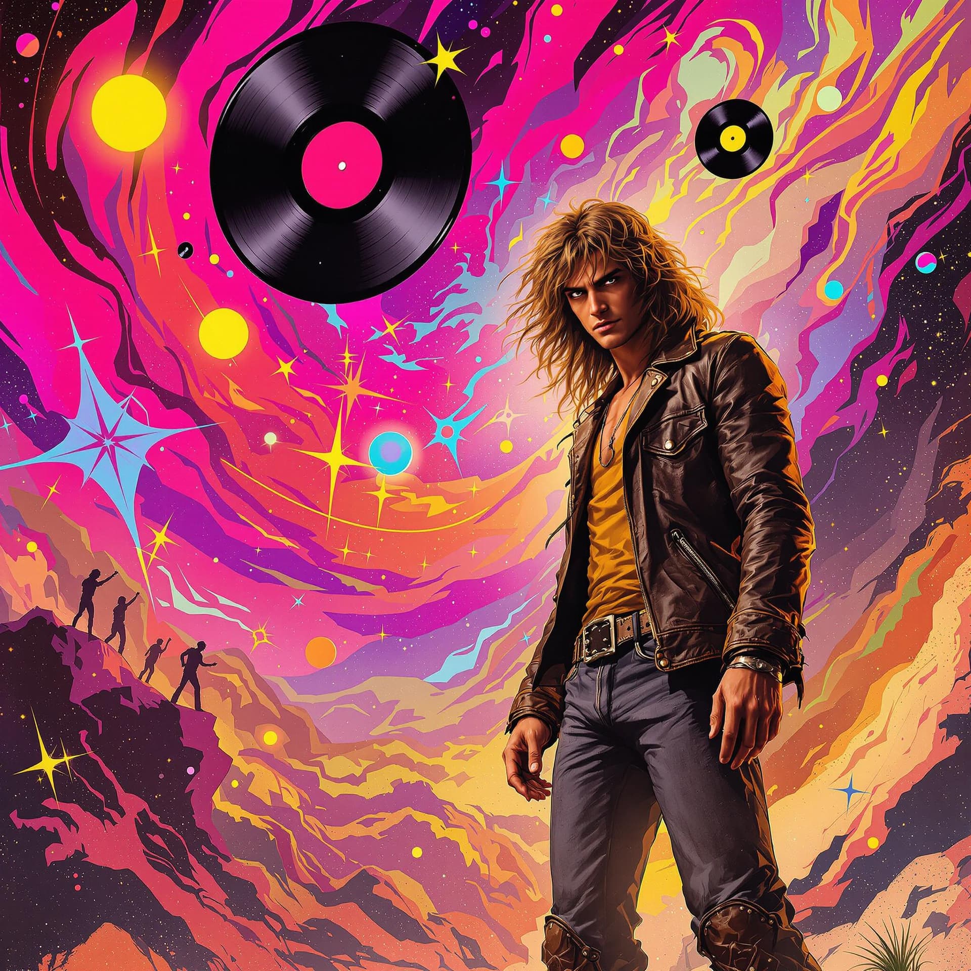 AI generated: An intense and vibrant concept art portrait of a young, handsome man with the spirit of 70s rock mus...