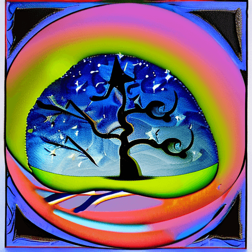 AI generated: bright painting of a tree with stars in the sky, in the style of dreamlike fantasy creatures, multil...