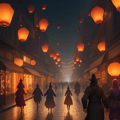 AI generated: “A bustling city street with floating lanterns and mystical creatures walking alongside humans, a mi...