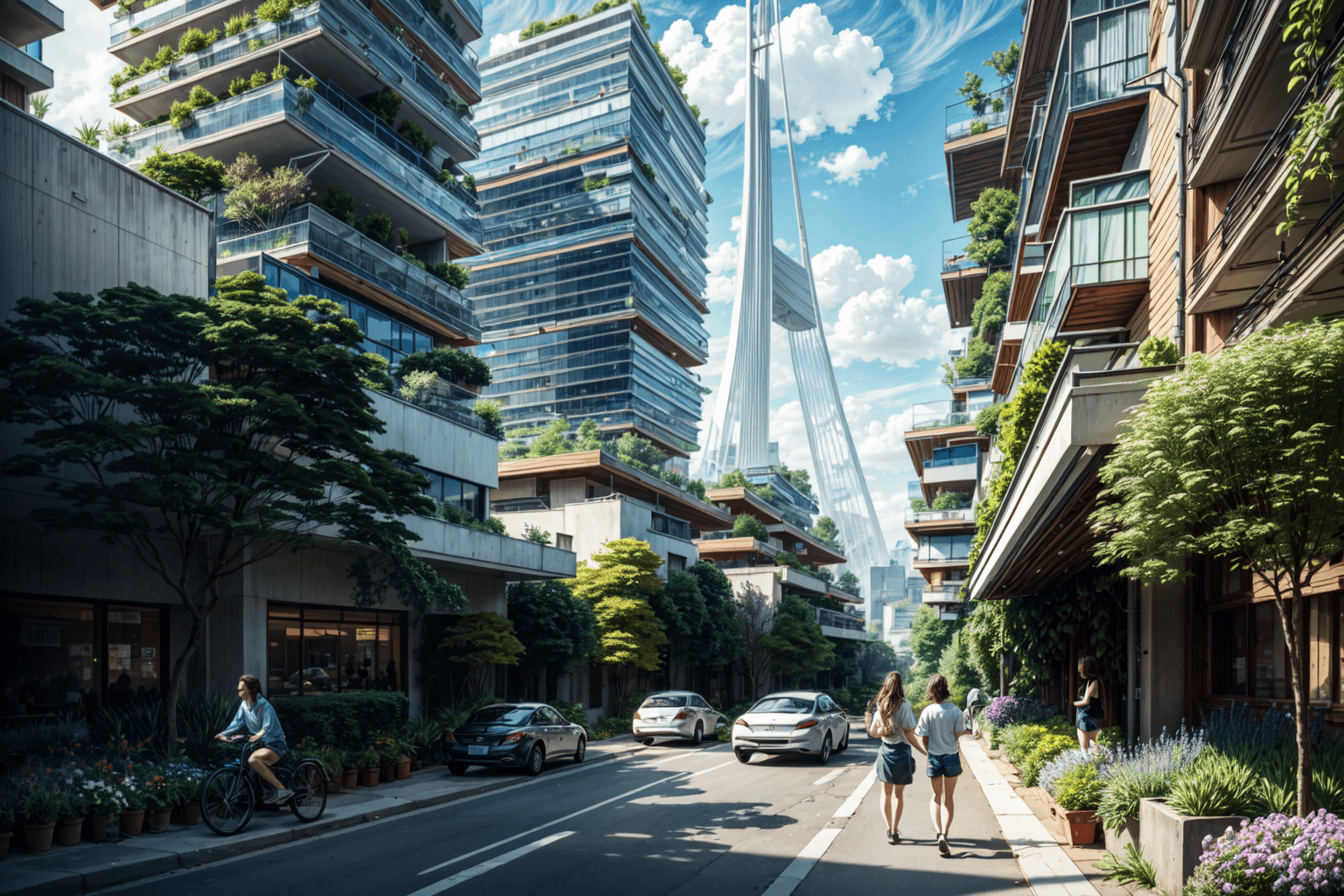 AI generated: Solarpunk, dramatic geometric towers dotted with rooftop forests, tree-sprouting condos, gargantuan ...