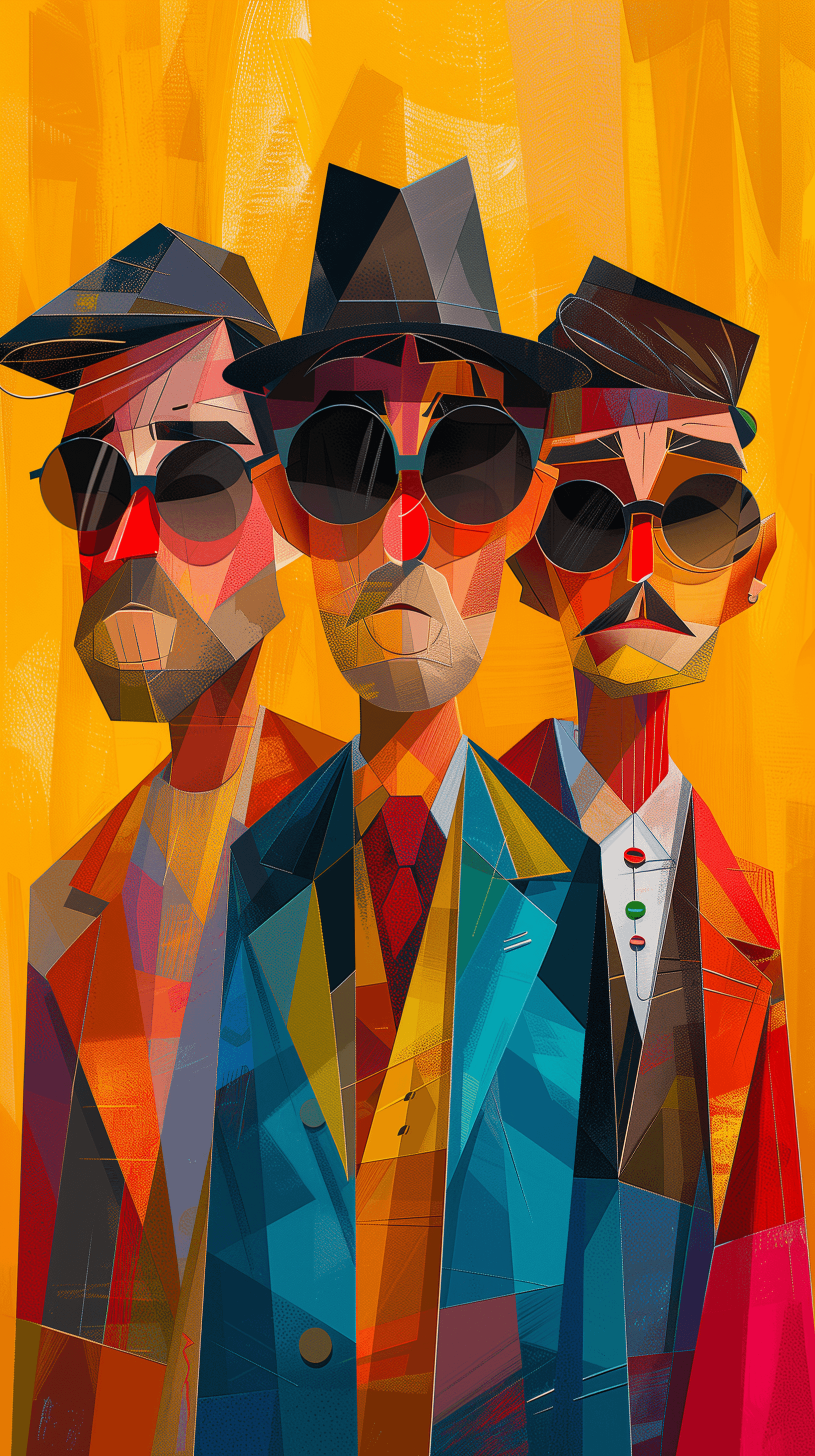 AI generated: illustration, men, three, yellow, outlines --ar 9:16