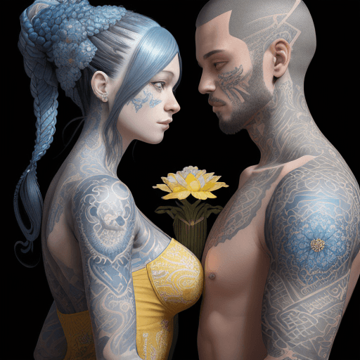 AI generated: A stunning hyperrealistic, shimmering yellow, blue and white 3D illustration of an intricately tatto...