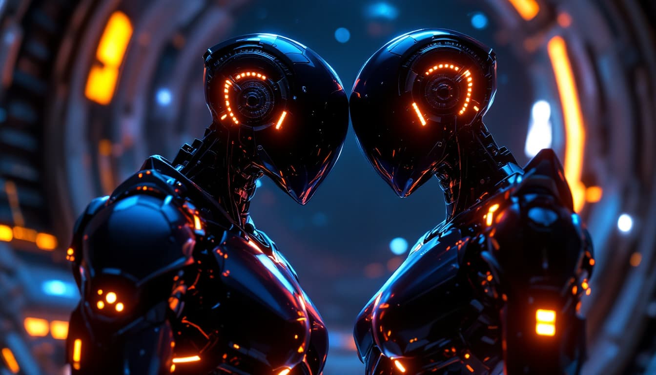 AI generated: Futuristic, sleek humanoid robots with glossy black and metallic blue armor, illuminated by glowing ...