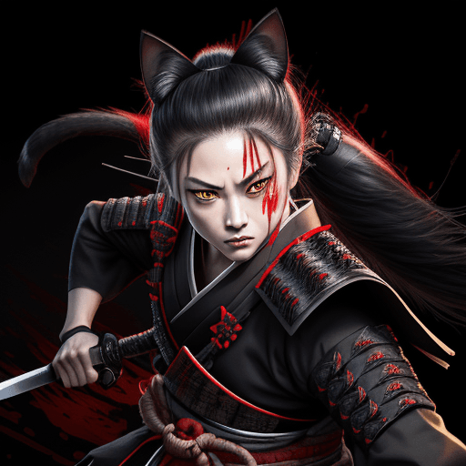 AI generated: Samurai-Katze, Katana am Gürtel, gelbe Augen, Schwarzweißbild, schwarze und rote Flecken --v 4