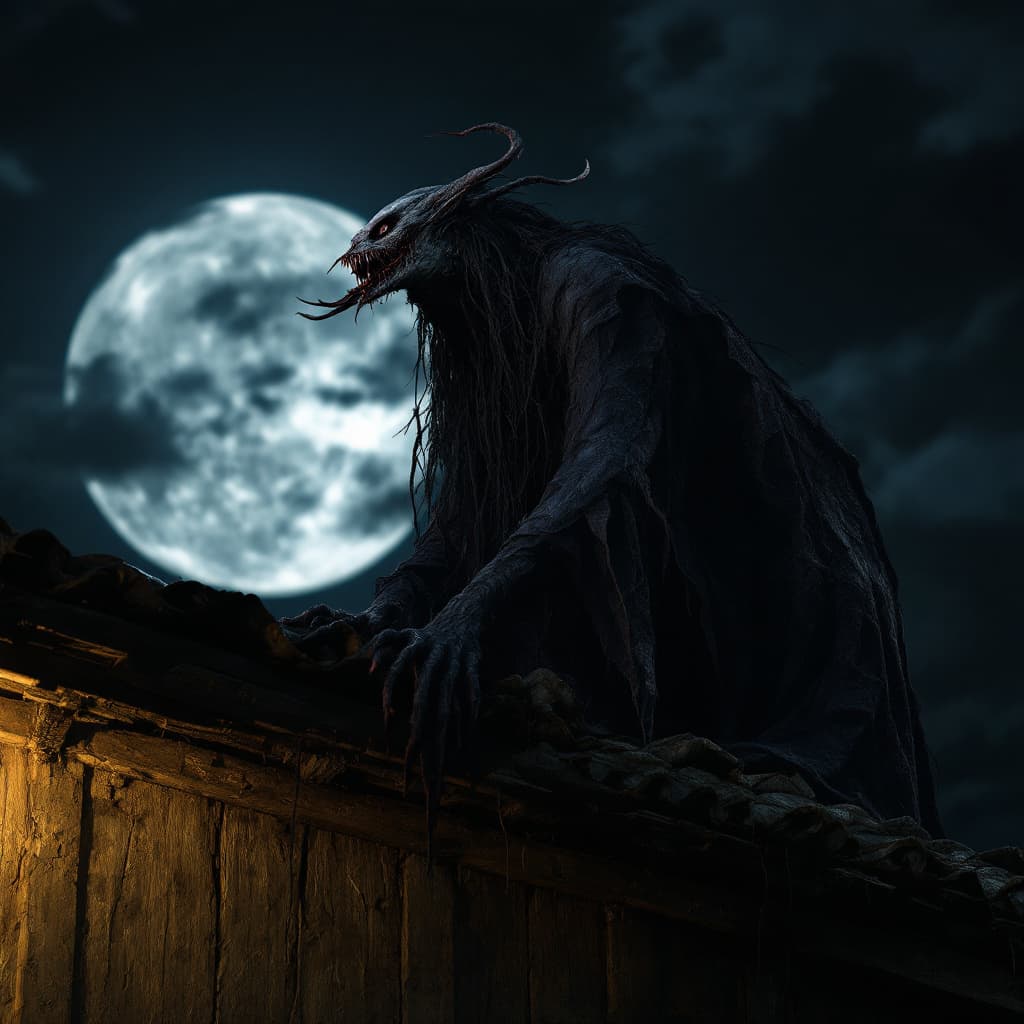 AI generated: Aswang, female scary creature with fangs, at the roof of a house, full moon in the background, dark,...