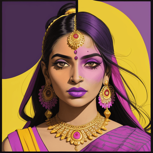 AI generated: pop art portrait of an Indian woman in traditional attire, with gold jewelry and vibrant colors, bac...