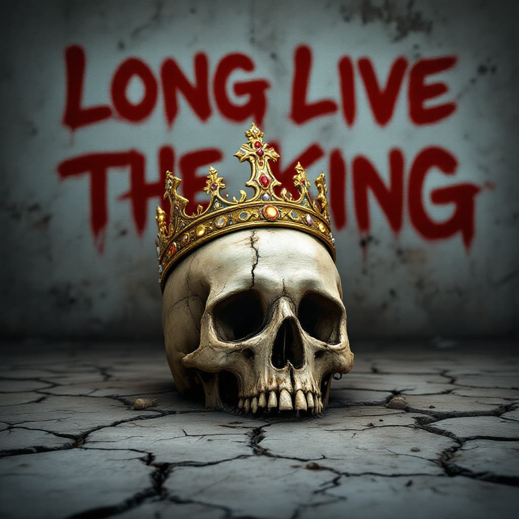 AI generated: Old decayed skull with a 5 point gold and jewelled crown on top is on the ground, the skull and the ...