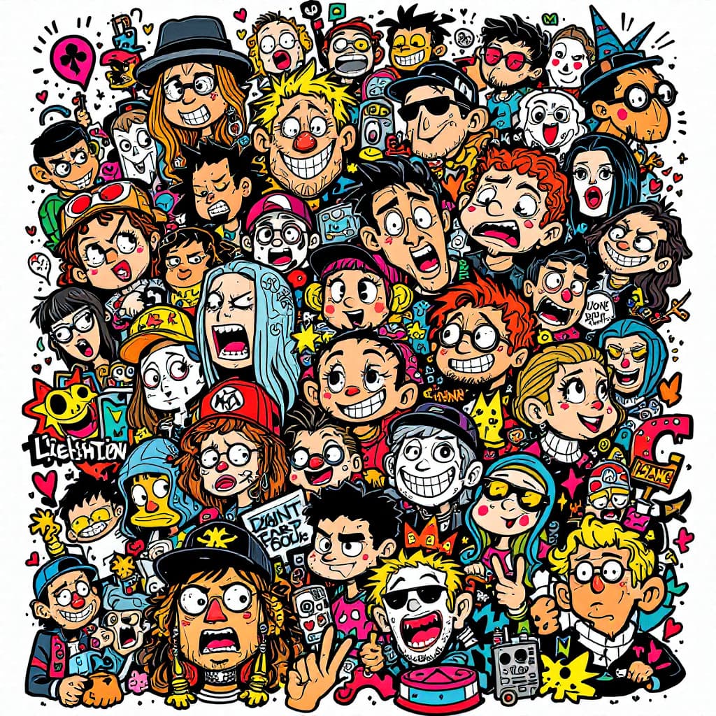 AI generated: An intricate graffiti-style poster featuring various elements, such as cartoon characters, symbols o...