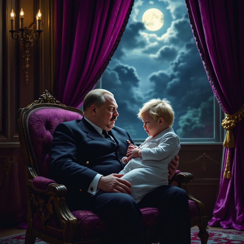 AI generated: Stalin holding Boris Johnson as a baby. They're sat in a gloriously expensive ballroom.
Moonlight po...