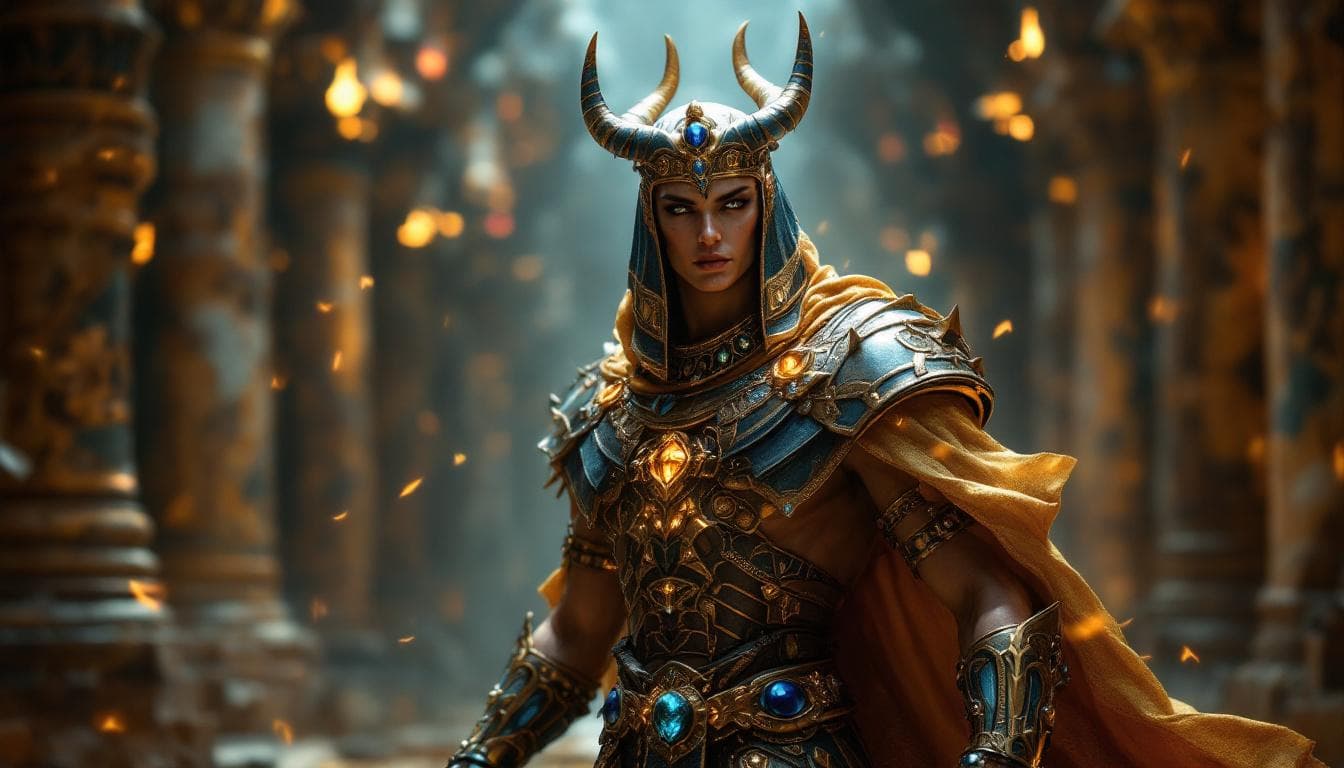 AI generated: Kleopatra, egypt god, fantasy light armor withe many accessories and detailles, beauty, 4k, ultra hd...